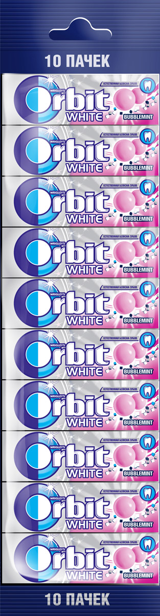 Orbit White Bubblemint жевательная резинка без сахара, 10 пачек по 13,6 г4009900503365 Orbit White Bubblemint жевательная резинка без сахара, 10 пачек по 13,6 г4009900503365Жевательная резинка Orbit Белоснежный Bubblemint без сахара способствует поддержанию здоровья зубов: удаляет остатки пищи, способствует уменьшению зубного налета, нейтрализует вредные кислоты, усиливает процесс реминерализации эмали. *Употребление жевательной резинки каждый раз после еды способствует поддержанию чистоты и здоровья зубов в дополнение к уходу за ротовой полостью с помощью зубной щетки