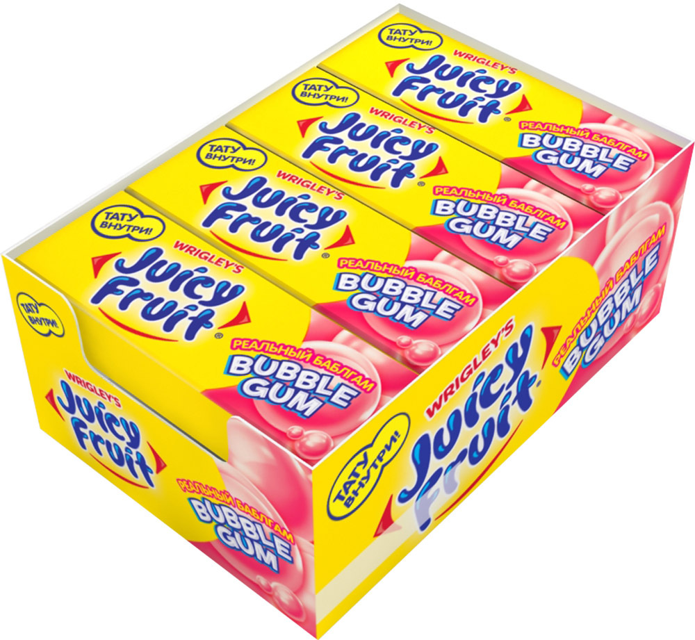 Juicy Fruit Bubble Gum Реальный Баблгам жевательная резинка, 24 пачки по 13,8 г4009900507240 Juicy Fruit Bubble Gum Реальный Баблгам жевательная резинка, 24 пачки по 13,8 г4009900507240Три ярких вкуса Juicy Fruit Реальный Бабл-Гам – это отличное предложение для любителей надувать огромные пузыри!