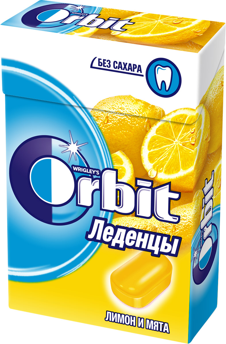 Orbit Лимон и мята леденцы, 35 г4043041000000 Orbit Лимон и мята леденцы, 35 г4043041000000Освежающие леденцы Orbit с ароматом лимона и мяты помогают восстановить кислотно-щелочной баланс во рту, и способствуют сохранению здоровья зубов. Уважаемые клиенты! Обращаем ваше внимание, что полный перечень состава продукта представлен на дополнительном изображении.