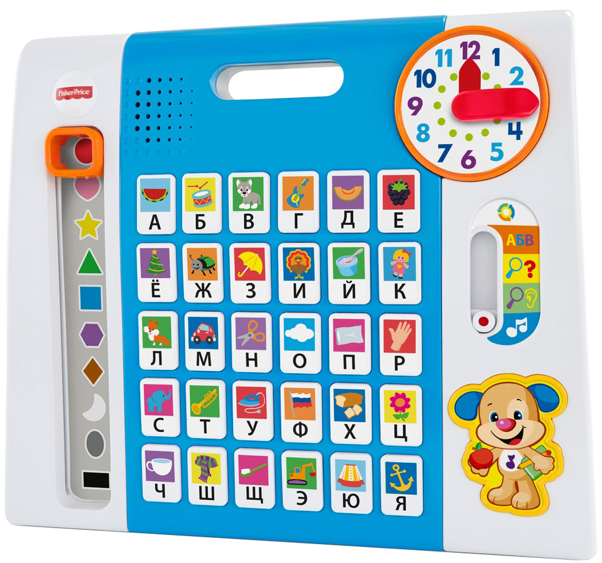 Fisher Price Обучающая панель Ученого ЩенкаDWR69 Fisher Price Обучающая панель Ученого ЩенкаDWR69Эта игрушка растет вместе с вашим малышом, помогая ему переживать самые важные этапы развития: сесть... Поползти... Встать на ноги... Начать исследовать мир. 200 звуков, песенок, мелодий и фраз. Четыре панели; на каждой — свой набор обучающих и развлекательных функций. Первая панель. Вместе со щеночком малыш выучит названия частей тела, цвета, формы и буквы. На этой стороне также можно поиграть на пианино с четырьмя светящимися клавишами и вставить игрушки в отверстия нужной формы. Вторая панель. Нажмите на кнопку, чтобы панель засветилась разными цветами! Сестричка поможет малышу научиться различать стороны света и даже сможет поговорить с ним по телефону. Возможно, он захочет услышать ваш голос; запишите для него отдельное сообщение! Третья панель. Все для развития органов чувств: зеркало, погремушка, игра-рыбалка и многое другое. Четвертая панель. Рамка, куда можно вставить совместное фото, сквозное окошко и другие семейные игры! Все дети учатся по-разному и...