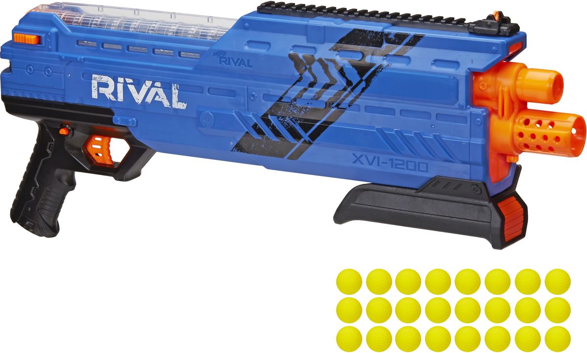 Nerf Бластер Rival AtlasB3855 Nerf Бластер Rival AtlasB3855Механический бластер НЁРФ Райвал с обоймой на 12 шариков (24 шарика в комплекте)! Два цвета в ассортименте: красный и синий.