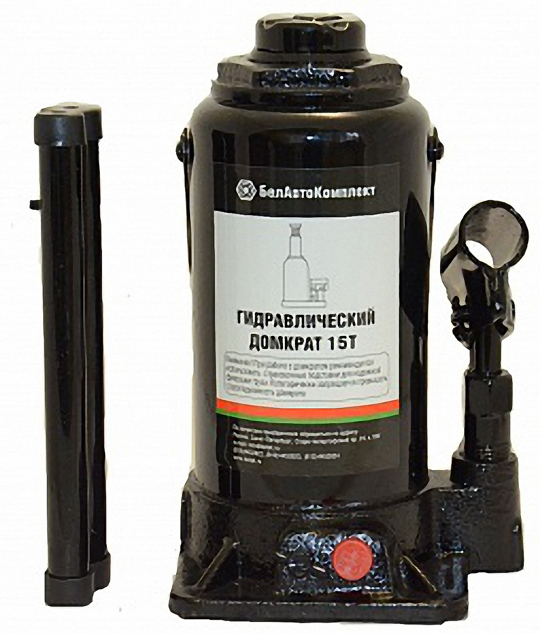 Домкрат бутылочный БелАвтоКомплект, с двумя клапанами, 15 тБАК.00034 Домкрат бутылочный БелАвтоКомплект, с двумя клапанами, 15 тБАК.00034Домкрат гидравлический бутылочный двухклапанный грузоподъёмностью 15 тонн БАК.00034 торговой марки БелАвтоКомплект предназначен для подъёма грузов массой до 15 тонн включительно. Отлично подходит для проведения работ по шиномонтажу на автомобилях полной массой до 15 тонн. Технические характеристики: грузоподъемность - 15 тонн max. высота подъема - 430 мм. Min. высота подхвата - 200 мм. ход винта - 60 мм. длина опорной площадки - 125 мм. ширина опорной площадки - 110 мм. площадь опорной площадки - 138 см2. Диаметр подхватной платформы - 40 мм. масса изделия - 7,5 кг. Гарантия: 6 месяцев.