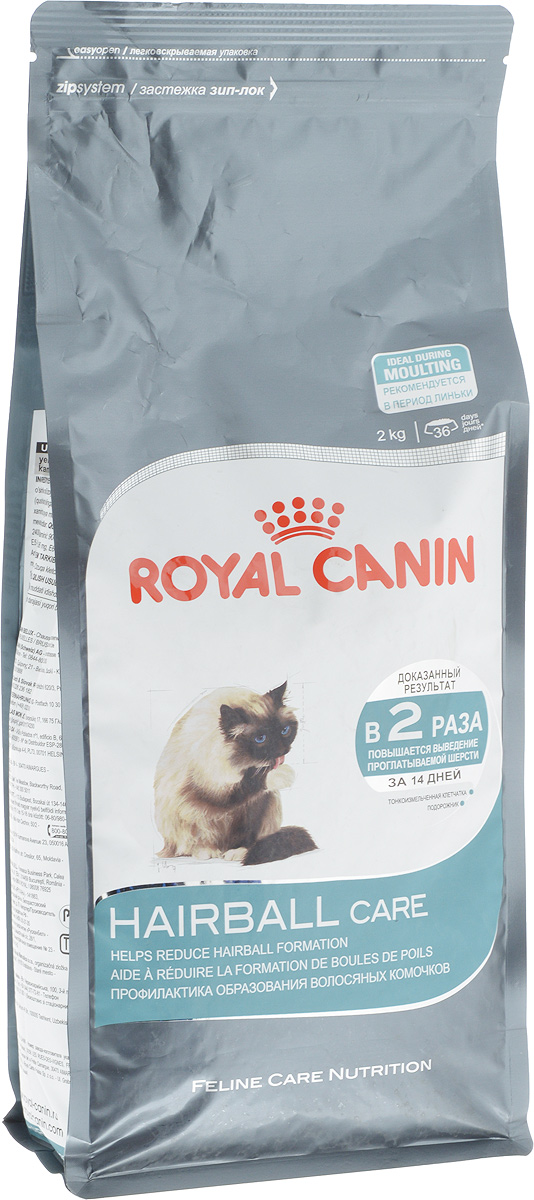 Корм сухой Royal Canin Hairball Саre, для полудлинношерстных взрослых кошек, 2 кг443020 Корм сухой Royal Canin Hairball Саre, для полудлинношерстных взрослых кошек, 2 кг443020Сухой корм Royal Canin Hairball Саre - это полноценное и сбалансированное питание, помогающее выводить комочки шерсти из желудка кошки. Доказанная эффективность. При кормлении исключительно данным рационом из пищеварительного тракта кошки выводится вдвое больше шерсти; этот эффект заметен уже через 21 день. Эвакуация естественным путем. Подорожник, богатый волокнами (растительным клеем) в сочетании с тонкоизмельченной клетчаткой стимулирует транзит пищи по кишечнику. Шерсть не скапливается в желудке и не отрыгивается, а регулярно выводится с фекалиями. Состав: дегидратированное мясо домашней птицы, рис, кукурузный глютен, растительные волокна, кукурузная мука, животные жиры, гидролизат животных белков, свекольный жом, минеральные вещества, оболочки и семена подорожника, дрожжи, соевое масло, полифосфат натрия, рыбий жир, фруктоолигосахариды, яичный порошок, DL-метионин, таурин, L-цистин. Добавки (в 1 кг): медь — 24 мг, железо — 195 мг, ...