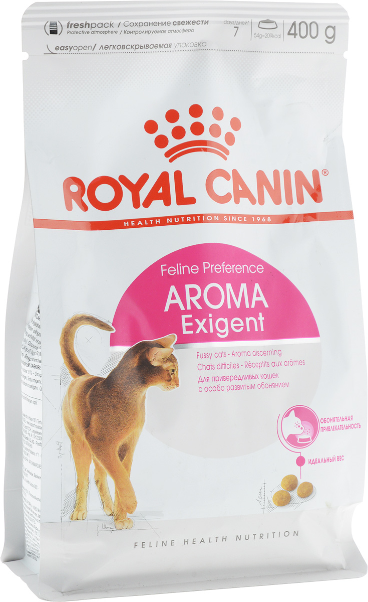 Корм сухой Royal Canin Exigent 33 Aromatic Attraction, для кошек, привередливых к аромату продукта, 400 г473004 Корм сухой Royal Canin Exigent 33 Aromatic Attraction, для кошек, привередливых к аромату продукта, 400 г473004Сухой корм Royal Canin Exigent 33 Aromatic Attraction - это полнорационный сбалансированный корм для очень привередливых взрослых кошек в возрасте старше 1 года. Узнайте пищевые предпочтения вашей кошки! Наличие индивидуальных пищевых предпочтений означает, что каждая кошка по-своему интерпретирует аромат, текстуру, вкус корма и ощущения после его потребления. Каждый продукт семейства Exigent, помимо вкусовых качеств, обладает также рядом других оригинальных, специфических свойств. Чувствительность к аромату. Корм Aromatic attraction (Ароматик эттрэкшн) с оригинальным высокопривлекательным ароматическим комплексом, созданным на основе натуральных ингредиентов. Это рацион высокой питательной ценности для привередливых кошек. Поддержание идеального веса. Особая рецептура корма обладает умеренной калорийностью, что помогает поддерживать идеальный вес кошки. Забота о красоте шерсти. Комплекс активных питательных веществ,...