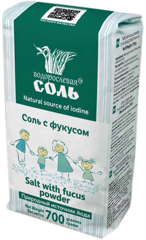 Водорослевая соль с фукусом, 700 гбтг005 Водорослевая соль с фукусом, 700 гбтг005В водорослевой соли сохранены все биологически активные вещества, ферменты, витамины и микроэлементы, благодаря правильной обработке водорослей. Она полностью усваивается организмом и способствует оздоровлению, снижению веса и очищению суставов и органов от залежей химической соли. Её очень хорошо использовать в салатах, и везде, где требуется обычная соль. Натуральный источник йода (5 г продукта удовлетворяют 12% суточной потребности). Соль с фукусом - это сбалансированная смесь поваренной соли мелкого помола и порошка сушеных водорослей предназначена для ежедневного употребления вместо традиционной соли, не содержит искусственных ароматизаторов, красителей, усилителей вкуса и глютена. Замена традиционной соли на соль ТМ Водорослевая соль сделает вкус пищи более ярким, сократит количество употребляемого вами натрия, поможет восстановить калиево-натриевый баланс организма, позволит восполнить дефицит йода.