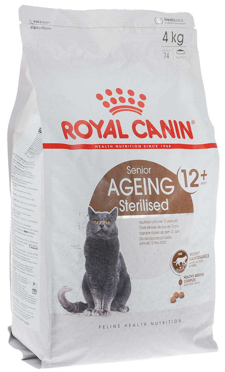 Корм сухой Royal Canin Senior Ageing Sterilised, для стерилизованных кошек старше 12 лет, 4 кг60270 Корм сухой Royal Canin Senior Ageing Sterilised, для стерилизованных кошек старше 12 лет, 4 кг60270Корм Royal Canin Senior Ageing Sterilised - полнорационный сбалансированный сухой корм для стерилизованных стареющих кошек в возрасте старше 12 лет. Физическая активность некоторых стареющих кошек понижается с возрастом, что приводит к избыточному весу. Умеренное содержание жиров в корме способствует поддержанию идеального веса. Запатентованный комплекс антиоксидантов содержит ликопен и жирные кислоты Омега-3, что помогает организму бороться с последствиями старения. Корм также помогает поддерживать здоровье почек благодаря умеренному содержанию фосфора. Товар сертифицирован.