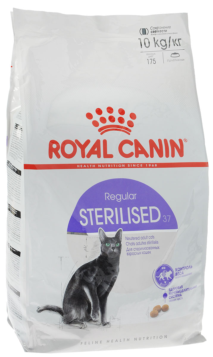 Корм сухой Royal Canin Sterilised 37, для взрослых стерилизованных кошек, 10 кг496100-496810 Корм сухой Royal Canin Sterilised 37, для взрослых стерилизованных кошек, 10 кг496100-496810Полнорационный сухой корм Royal Canin Sterilised 37 подходит стерилизованным кошкам в возрасте от 1 до 7 лет. Корм Sterilised 37 ограничивает риск набора избыточной массы тела стерилизованной кошкой благодаря умеренному содержанию жиров (12%). L-карнитин способствует активной утилизации жиров. Повышенное содержание белков высокой биологической ценности в корме способствует поддержанию мышечной массы и тонуса мышц стерилизованной кошки. Корм способствует регулярному мочеиспусканию и поддерживает необходимый уровень кислотности мочи (pH: 6-6,5) что предотвращает риск возникновения мочекаменной болезни у стерилизованной кошки. Состав: дегидратированные белки животного происхождения (птица), кукуруза, изолят растительных белков, кукурузная клейковина, растительная клетчатка, гидролизат белков животного происхождения, животные жиры, пшеница, рис, свекольный жом, минеральные вещества, дрожжи, рыбий жир, фруктоолигосахариды, соевое масло. ...