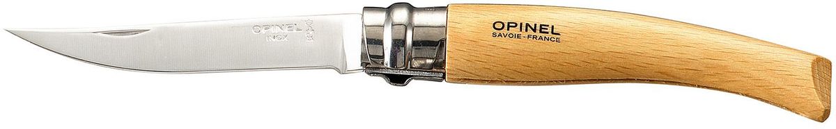 Нож филейный Opinel Slim №08, длина клинка 8 см, цвет: светло-коричневый. 000516000516 Нож филейный Opinel Slim №08, длина клинка 8 см, цвет: светло-коричневый. 000516000516Нож Opinel №08, филейный, нержавеющая сталь, рукоять - бук. Идеальный карманный нож для пикника, барбекю, походов, охоты и рыбалки. Характеристики ножа: Материал лезвия: сталь Sandvik 12C27 Полировка лезвия: матовая Материал рукояти: бук Тип ножевого замка: Viroblock Приспособление для открытия клинка: насечка на лезвии Длина лезвия, см: 8 Длина ножа, см: 18,5 Ширина лезвия, см: 1,57 Длина в сложенном положении, см: 10,6 Вес, гр: 30 Вес ножа с упаковкой, гр: 36 Viroblock - оригинальное запорное устройство, представляющее собой кольцо с прорезью, которое, будучи повернуто относительно оси ножа, упирается в пятку клинка и не доет ножу самопроизвольно складываться при работе или раскладываться в кармане. Конструкция эта защищена патентом и устанавливается на ножи Opinel с 1955 года, начиная с модели n° 6.