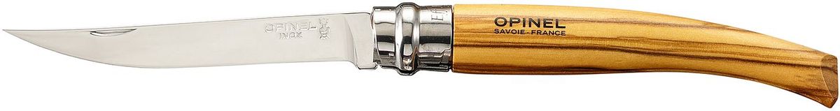 Нож филейный Opinel Slim №10, длина клинка 10 см, цвет: светло-коричневый. 000645000645 Нож филейный Opinel Slim №10, длина клинка 10 см, цвет: светло-коричневый. 000645000645Нож Opinel №10, филейный, нержавеющая сталь, рукоять - олива. Идеальный карманный нож для пикника, барбекю, походов, охоты и рыбалки. Характеристики ножа: Материал лезвия: сталь Sandvik 12C27 Полировка лезвия: зеркальная Материал рукояти: оливковое дерево Тип ножевого замка: Viroblock Приспособление для открытия клинка: насечка на лезвии Длина лезвия, см: 10 Длина ножа, см: 22,5 Ширина лезвия, см: 1,68 Длина в сложенном положении, см: 12,5 Вес, гр: 40 Вес ножа с упаковкой, гр: 46 Viroblock - оригинальное запорное устройство, представляющее собой кольцо с прорезью, которое, будучи повернуто относительно оси ножа, упирается в пятку клинка и не доет ножу самопроизвольно складываться при работе или раскладываться в кармане. Конструкция эта защищена патентом и устанавливается на ножи Opinel с 1955 года, начиная с модели n° 6.