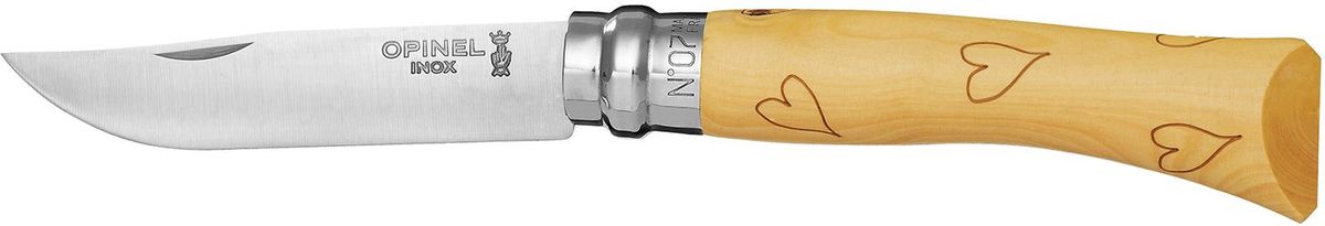 Нож Opinel Tradition. Nature №07, длина клинка 8 см, цвет: светло-бежевый. 001548001548 Нож Opinel Tradition. Nature №07, длина клинка 8 см, цвет: светло-бежевый. 001548001548Нож Opinel Nature №7, нержавеющая сталь, рукоять - самшит, рисунок - сердце. Идеальный карманный нож для пикника, барбекю, походов, охоты и рыбалки. Характеристики ножа: Материал лезвия: сталь Sandvik 12C27 Материал рукояти: самшит, нанесен рисунок - сердце Тип ножевого замка: Viroblock Приспособление для открытия клинка: насечка на лезвии Длина лезвия, см: 8 Длина ножа, см: 17,8 Ширина лезвия, см: 1,6 Длина в сложенном положении, см: 10 Вес, гр: 42 Вес ножа с упаковкой, гр: 47 Viroblock - оригинальное запорное устройство, представляющее собой кольцо с прорезью, которое, будучи повернуто относительно оси ножа, упирается в пятку клинка и не доет ножу самопроизвольно складываться при работе или раскладываться в кармане. Конструкция эта защищена патентом и устанавливается на ножи Opinel с 1955 года, начиная с модели n° 6.