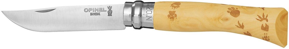Нож Opinel Tradition. Nature №07, длина клинка 8 см, цвет: светло-бежевый. 001550001550 Нож Opinel Tradition. Nature №07, длина клинка 8 см, цвет: светло-бежевый. 001550001550Нож Opinel Nature №7, нержавеющая сталь, рукоять - самшит, рисунок - следы. Идеальный карманный нож для пикника, барбекю, походов, охоты и рыбалки. Характеристики ножа: Материал лезвия: сталь Sandvik 12C27 Материал рукояти: самшит, нанесен рисунок - следы Тип ножевого замка: Viroblock Приспособление для открытия клинка: насечка на лезвии Длина лезвия, см: 8 Длина ножа, см: 17,8 Ширина лезвия, см: 1,6 Длина в сложенном положении, см: 10 Вес, гр: 42 Вес ножа с упаковкой, гр: 47 Viroblock - оригинальное запорное устройство, представляющее собой кольцо с прорезью, которое, будучи повернуто относительно оси ножа, упирается в пятку клинка и не доет ножу самопроизвольно складываться при работе или раскладываться в кармане. Конструкция эта защищена патентом и устанавливается на ножи Opinel с 1955 года, начиная с модели n° 6.