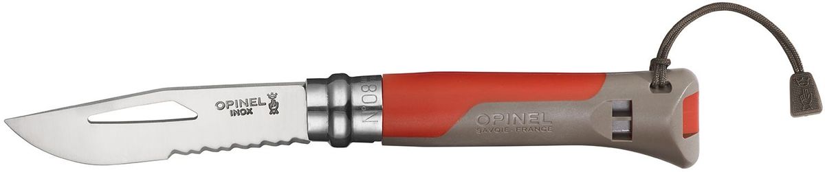 Нож Opinel Specialists. Outdoor №08, длина клинка 8,5 см, цвет: красный001714 Нож Opinel Specialists. Outdoor №08, длина клинка 8,5 см, цвет: красный001714Нож Opinel OUTDOOR №8, нержавеющая сталь, красный, с темляком. Нож серии Outdoor идеален для походов, альпинизма, спелеотуризма, каньонинга, парапланеризма, парусного и других водных видов спорта. Клинок из модифицированной нержавеющей стали Sandvik 12C27, сверхжесткий и острый, с серрейтором (3,5 см) для резки тросов и ключом для такелажных скоб. Рукоятка выполнена из материалов устойчивых к экстремальным температурам (от -40°С до +80°С) и ударам. На рукоятке спасательный свисток, который работает в любую погоду (+110 дБ). Характеристики ножа: Материал лезвия: сталь Sandvik 12C27 Материал рукояти: пластик, два цвета красный и серый Тип ножевого замка: Viroblock Приспособление для открытия клинка: насечка на лезвии Длина лезвия, см: 8,5 Длина ножа, см: 19 Ширина лезвия, см: 1,98 Длина в сложенном положении, см: 11 Вес, гр: 62 Вес ножа с упаковкой, гр: 115 Viroblock - оригинальное запорное устройство, представляющее собой...