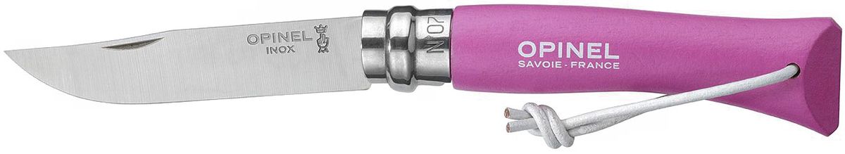 Нож Opinel Tradition. Colored №07, длина клинка 8 см, цвет: фуксия001791 Нож Opinel Tradition. Colored №07, длина клинка 8 см, цвет: фуксия001791Нож Opinel Tradition Colored №07, нержавеющая сталь, рукоять - граб, цвет - фуксия, с темляком. Идеальный карманный нож для пикника, барбекю, походов, охоты и рыбалки. Характеристики ножа: Материал лезвия: сталь Sandvik 12C27 Материал рукояти: окрашенный граб, цвет фуксия Тип ножевого замка: Viroblock Приспособление для открытия клинка: насечка на лезвии Длина лезвия, см: 8 Длина ножа, см: 17,5 Ширина лезвия, см: 1,6 Длина в сложенном положении, см: 10 Вес, гр: 35 Viroblock - оригинальное запорное устройство, представляющее собой кольцо с прорезью, которое, будучи повернуто относительно оси ножа, упирается в пятку клинка и не доет ножу самопроизвольно складываться при работе или раскладываться в кармане. Конструкция эта защищена патентом и устанавливается на ножи Opinel с 1955 года, начиная с модели n° 6.