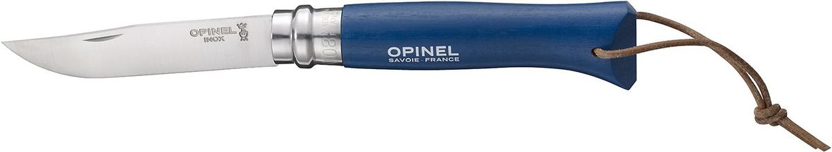Нож Opinel Tradition. Colored №08, длина клинка 8,5 см, цвет: синий001891 Нож Opinel Tradition. Colored №08, длина клинка 8,5 см, цвет: синий001891Нож Opinel Tradition Colored №08, нержавеющая сталь, рукоять - граб, цвет - синий, с темляком и чехлом. Идеальный карманный нож для пикника, барбекю, походов, охоты и рыбалки. Характеристики ножа: Материал лезвия: сталь Sandvik 12C27 Материал рукояти: окрашенный граб, цвет синий Тип ножевого замка: Viroblock Приспособление для открытия клинка: насечка на лезвии Длина лезвия, см: 8,5 Длина ножа, см: 19 Ширина лезвия, см: 1,73 Длина в сложенном положении, см: 11 Вес, гр: 45 Вес ножа с упаковкой и чехлом, гр: 80 Viroblock - оригинальное запорное устройство, представляющее собой кольцо с прорезью, которое, будучи повернуто относительно оси ножа, упирается в пятку клинка и не доет ножу самопроизвольно складываться при работе или раскладываться в кармане. Конструкция эта защищена патентом и устанавливается на ножи Opinel с 1955 года, начиная с модели n° 6.