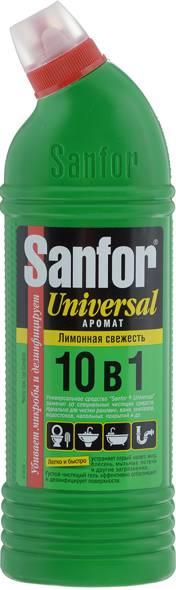 Средство для чистки и дезинфекции Sanfor Universal, 10 в 1, лимонная свежесть, 750 мл4602984004058 Средство для чистки и дезинфекции Sanfor Universal, 10 в 1, лимонная свежесть, 750 мл4602984004058Sanfor Universal заменит 10 специальных чистящих средств для разных поверхностей и областей применения: легко и быстро отчистит раковины, ванны и душевые кабины, унитазы, сливы и водостоки, керамическую плитку, любые твердые моющиеся напольные покрытия, настенные панели, моющиеся обои, бытовую технику. Подходит для уборки и дезинфекции туалетов для животных. Эффективно устраняет серый налет, плесень, жир, мыльные потеки, въевшиеся пятна от продуктов питания и другие загрязнения. Благодаря загущенной формуле экономичен в расходе. Обеспечивает свежий запах. Обладает антимикробными свойствами. Товар сертифицирован.