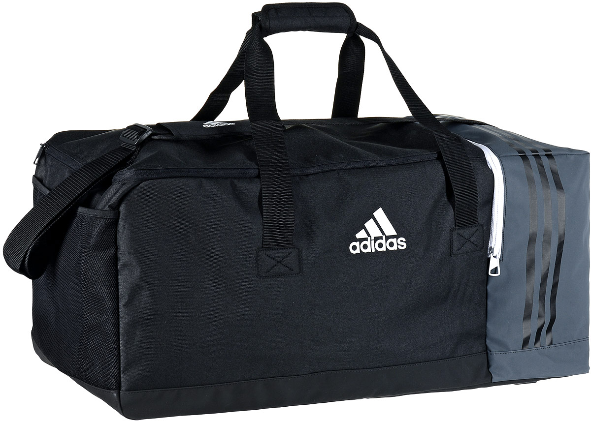 Сумка спортивная Adidas Tiro TB, цвет: черный, темно-серый, 70 х 32 х 31 смB46126 Сумка спортивная Adidas Tiro TB, цвет: черный, темно-серый, 70 х 32 х 31 смB46126Стильная спортивная сумка Adidas Tiro TB выполнена из полиэстера и полиэфира. Изделие имеет одно отделение, закрывающееся на застежку-молнию. Внутри расположены два накладных открытых кармана и нашивной карман на застежке- молнии. Снаружи, с одной из боковых сторон находится вентилируемый карман для обуви на застежке-молнии, с другой стороны - сетчатый карман. Основание изделия выполнено из более плотного материала с полиуретановым покрытием, что обеспечивает защиту от влаги и дополнено пластиковыми ножками. Сумка оснащена двумя удобными ручками для переноски в руках и регулируемым наплечным ремнем.