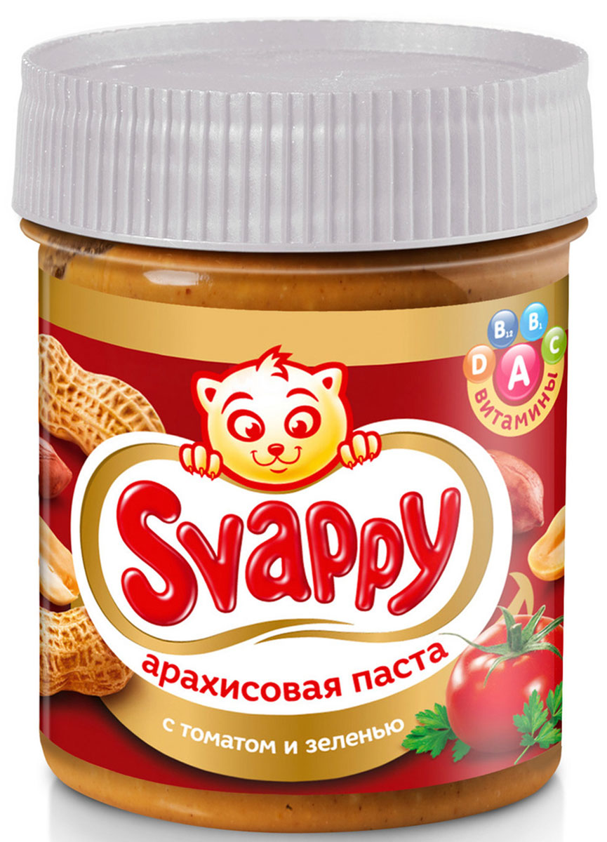 Svappy арахисовая паста с томатом и зеленью, 150 г4603726039116 Svappy арахисовая паста с томатом и зеленью, 150 г4603726039116Арахисовая паста Svappy - это эксклюзивный продукт из отборного аргентинского арахиса, выращенного по стандартам контроля GMP. Паста не содержит в составе ГМО, глютена и холестерина. Процедура обжаривания арахиса происходит по особой технологии, разработанной экспертами, в щадящем температурном режиме, благодаря чему удается сохранить огромное количество микроэлементов, столь необходимых для роста и развития ребенка: железо, калий, фосфор, медь. Арахисовая паста богата витаминами группы A, B1, B2, E, PP, что также немаловажно для сбалансированного питания. Намажьте арахисовую пасту на тост, используйте в качестве заправки в салат, приготовьте любимый стейк и добавьте пасту в качестве соуса.