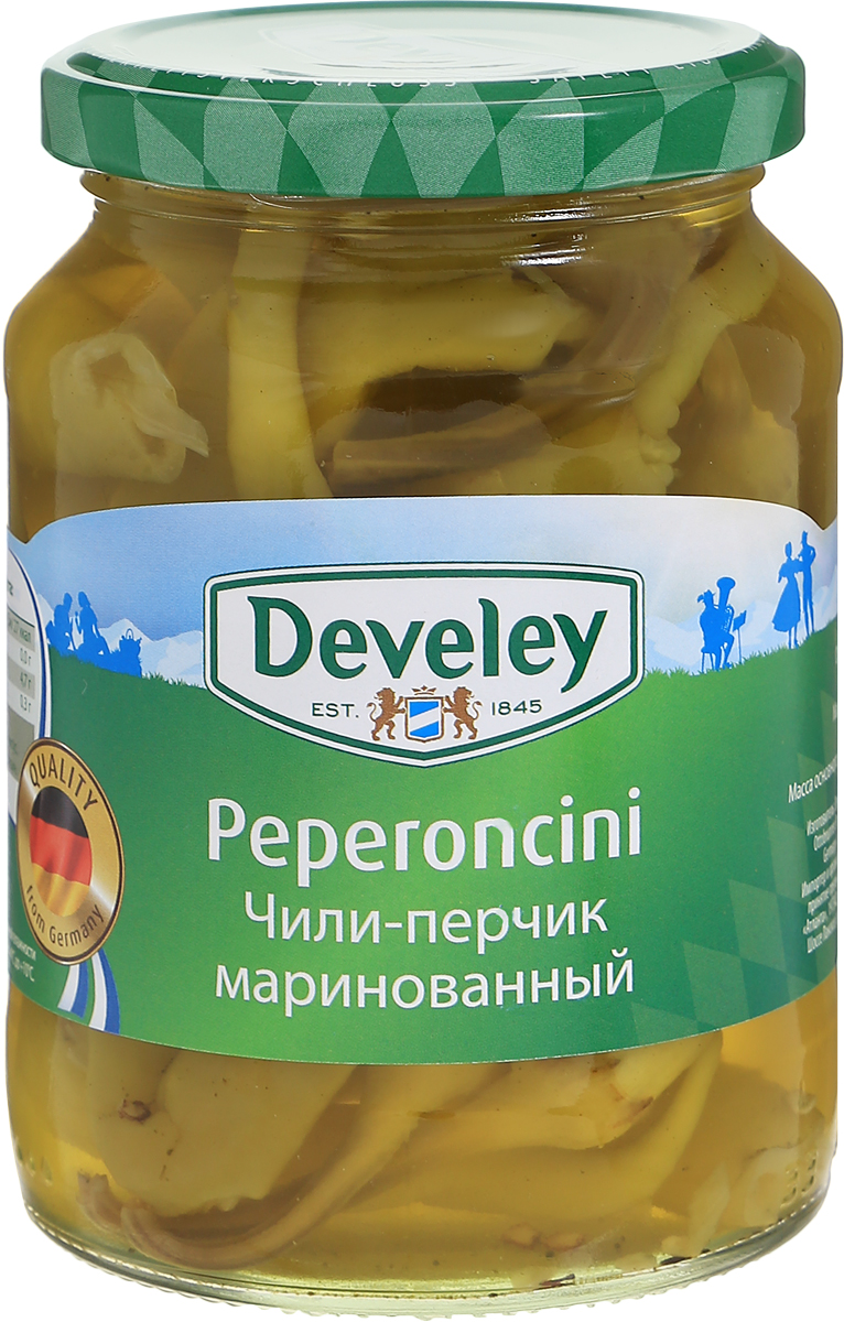Develey чили-перчик маринованный, 315 г7234 Develey чили-перчик маринованный, 315 г7234Маринованный зеленый перец чили используется в качестве жгучей закуски в азиатской и мексиканской кухнях. Также зеленый перец чили можно добавлять к различным салатам ближневосточной (арабской и турецкой) кухни или бутербродам или пицце для придания острого, экзотического вкуса.