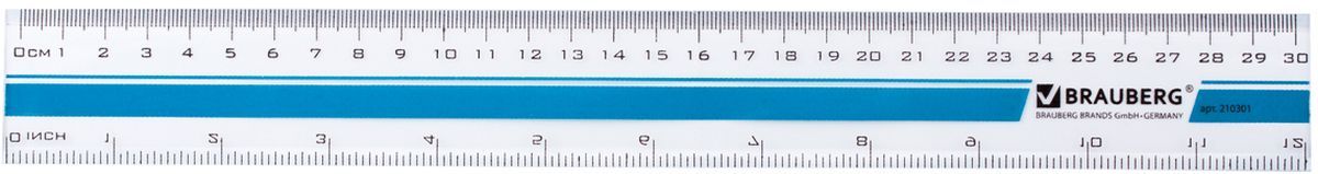 Brauberg Линейка 30 см210301 Brauberg Линейка 30 см210301Прозрачная линейка Brauberg с печатью на корпусе из прочного пластика имеет четкие контрастные шкалы делений: см и дюймы (inch). Предназначена для чертежных работ.