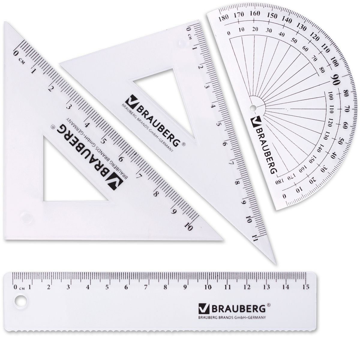 Brauberg Набор чертежный 4 предмета 210306210306 Brauberg Набор чертежный 4 предмета 210306210306Набор геометрический из прозрачного, прочного пластика толщиной 1,4 - 2 мм. Предназначен для чертёжных работ. Набор включает в себя четыре предмета: линейка со шкалой 15 см, треугольник с углами 30°/60° и шкалой 11 см, треугольник с углами 45°/45° и шкалой 10 см, транспортир 180°.