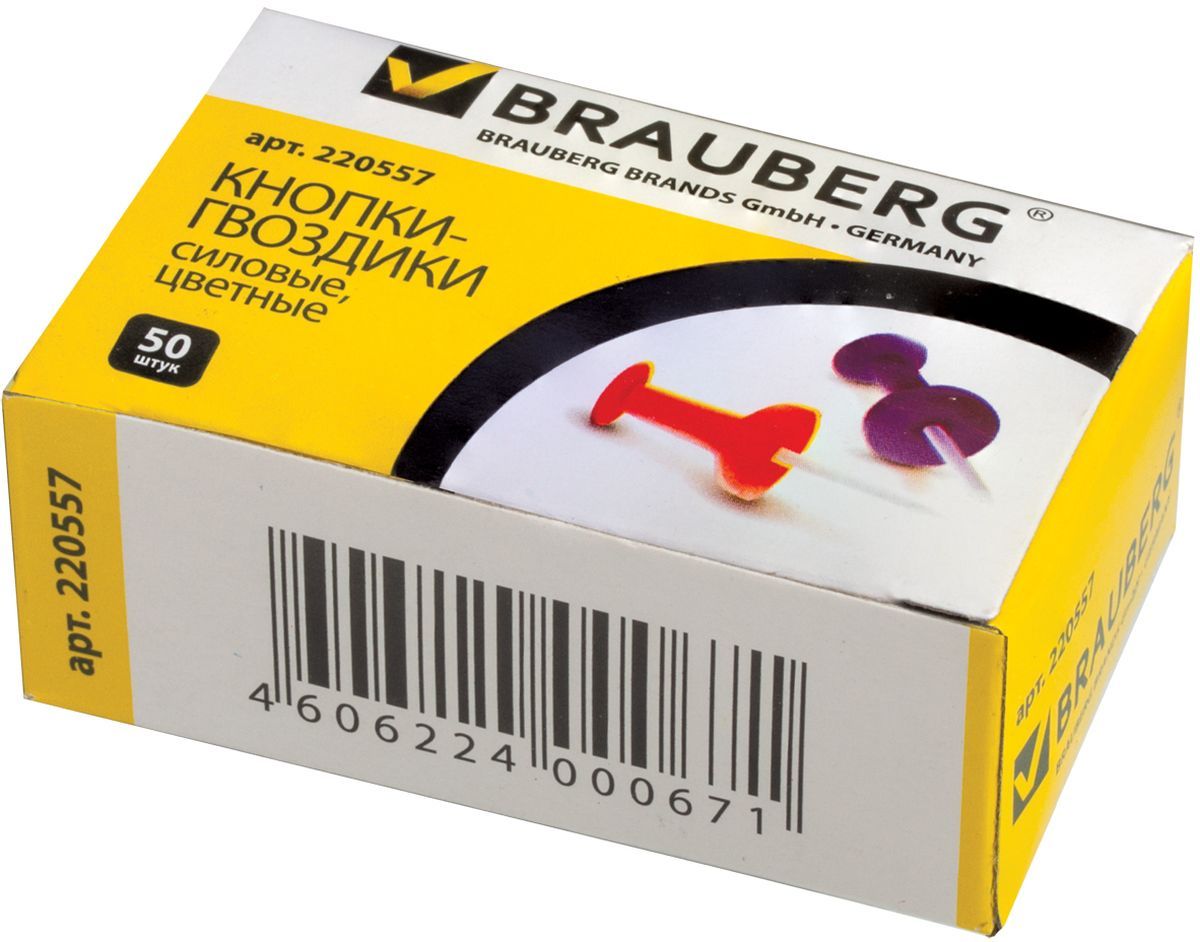 Brauberg Кнопки силовые 50 шт 220557220557 Brauberg Кнопки силовые 50 шт 220557220557Силовые кнопки Brauberg предназначены для создания отметок на картах и для крепления информации к пробковым доскам. Корпус кнопок - гвоздиков изготовлен из цветного пластика, а острие изготовлено из стали.