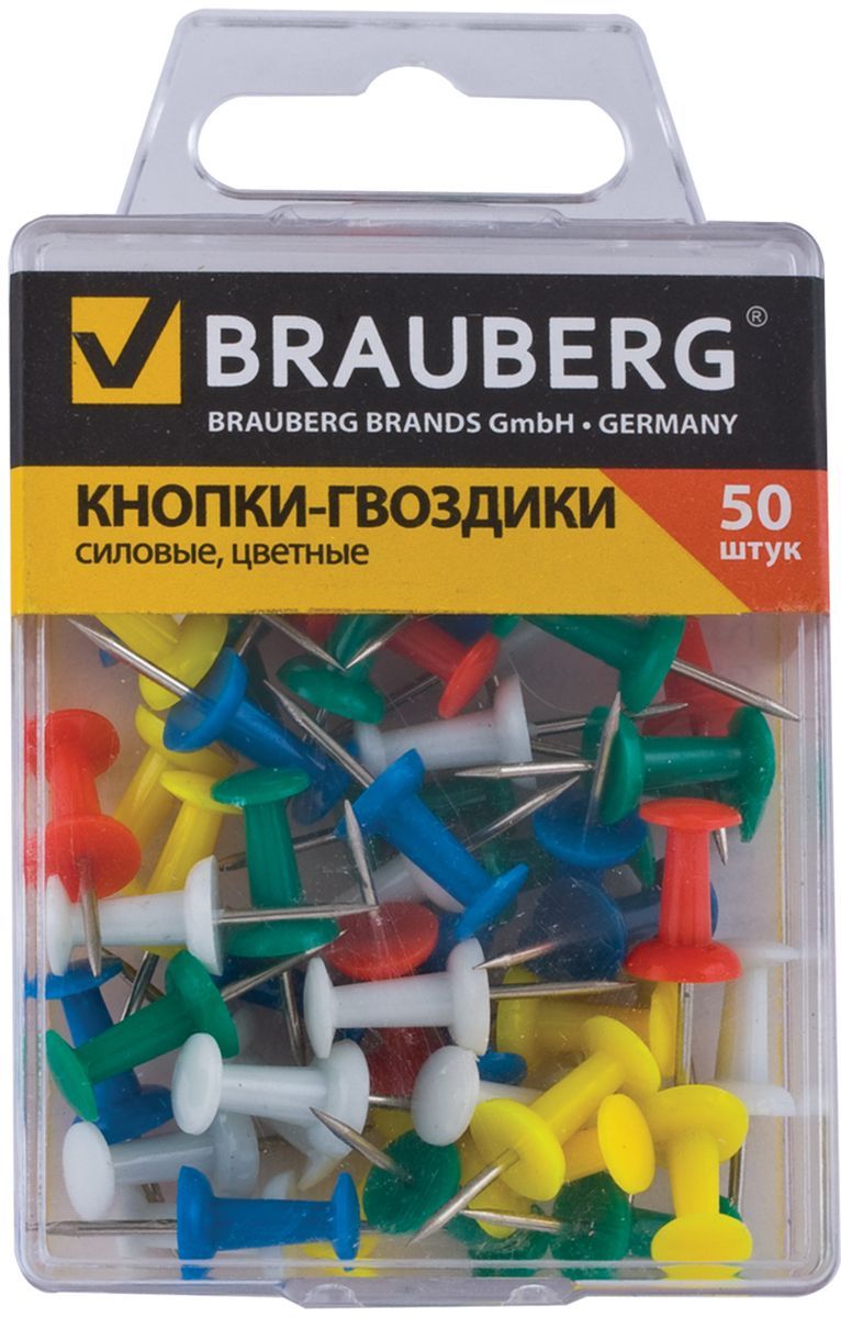 Brauberg Кнопки силовые 50 шт 221117221117 Brauberg Кнопки силовые 50 шт 221117221117Силовые кнопки Brauberg предназначены для создания отметок на картах и для крепления информации к пробковым доскам. Корпус кнопок - гвоздиков изготовлен из цветного пластика, а острие изготовлено из стали.