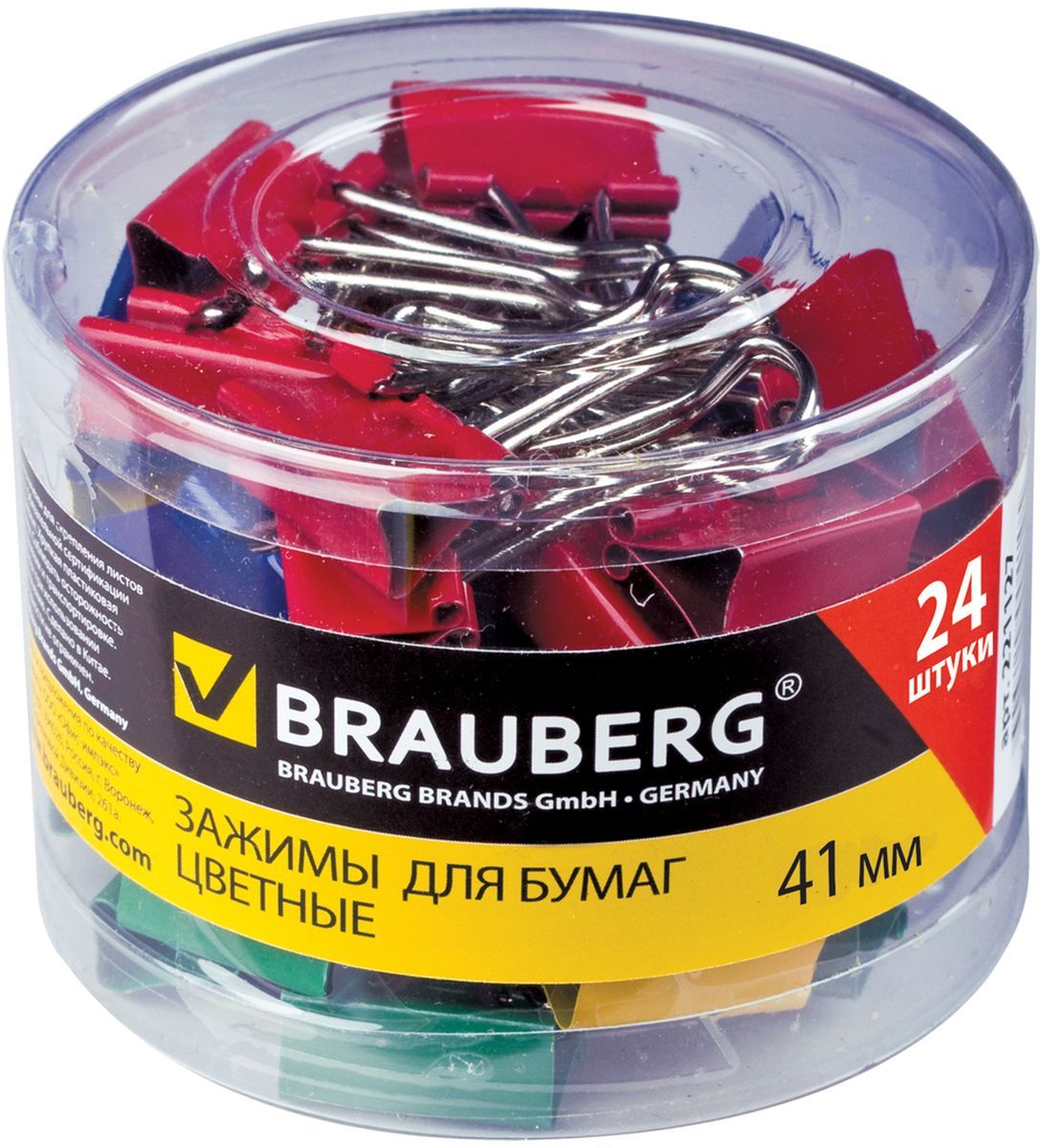 Brauberg Зажим для бумаг 41 мм 24 шт221130 Brauberg Зажим для бумаг 41 мм 24 шт221130Зажимы для бумаг Brauberg предназначены для скрепления документов без использования степлера. Скрепляют до 200 листов. В коробке представлены зажимы красного, желтого, зеленого, синего и белого цветов.