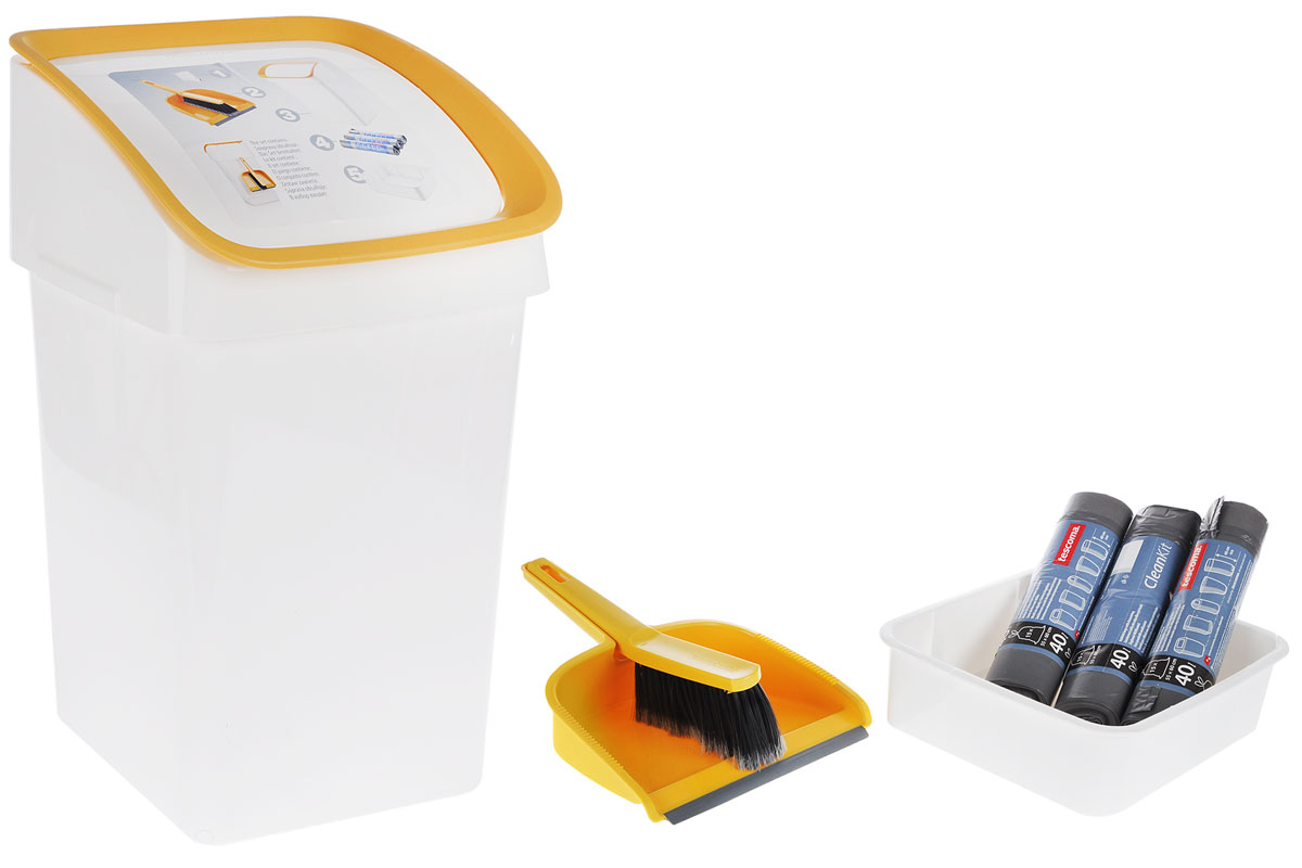 Набор для уборки мусора Tescoma Clean Kit, 6 предметов900685 Набор для уборки мусора Tescoma Clean Kit, 6 предметов900685Набор Tescoma Clean Kit предназначен для уборки мусора. Прочное ведро снабжено удобной самозакрывающейся крышкой и крючком для подвешивания щетки с совком. Также имеется удобная база с тремя упаковками мусорных мешков. Для удобства база прикрепляется к нижней части ведра. Для легкого удаления пыли и мелкого мусора щетка имеет расщепленные кончики волокон. Совок снабжен гибким передним краем и скошенной задней стенкой для предотвращения поднимания пыли. Размер ведра (с учетом крышки): 30 х 27 х 52 см. Высота ведра (с учетом базы): 58 см. Длина щетки: 26 см. Размер совка: 28 х 22 х 9,5 см. Объем одного мусорного мешка: 40 л. Количество мешков в одной упаковке: 15 шт. Количество упаковок с мусорными мешками: 3 шт.