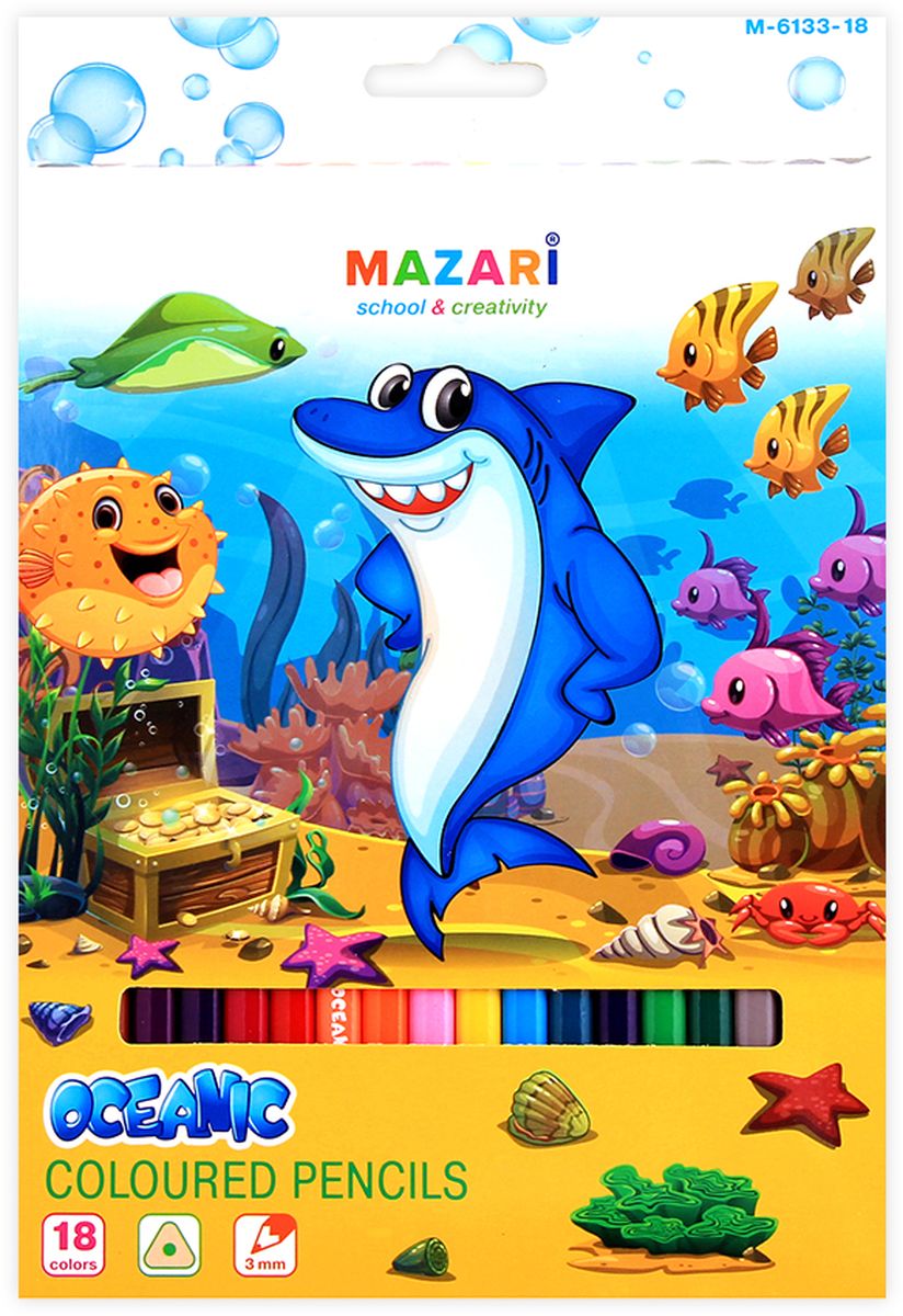 Mazari Набор цветных карандашей Oceanic 18 цветовМ-6133-18 Mazari Набор цветных карандашей Oceanic 18 цветовМ-6133-18Карандаши цветные Mazari Oceanic имеют эргономичную трехгранную форму корпуса. Карандаши поставляются с заточенным грифелем. Цветные карандаши имеют яркие насыщенные цвета. В наборе: 18 разноцветных карандашей. Карандаши легко затачиваются. С цветными карандашами Oceanic ваши дети будут создавать яркие и запоминающиеся рисунки.