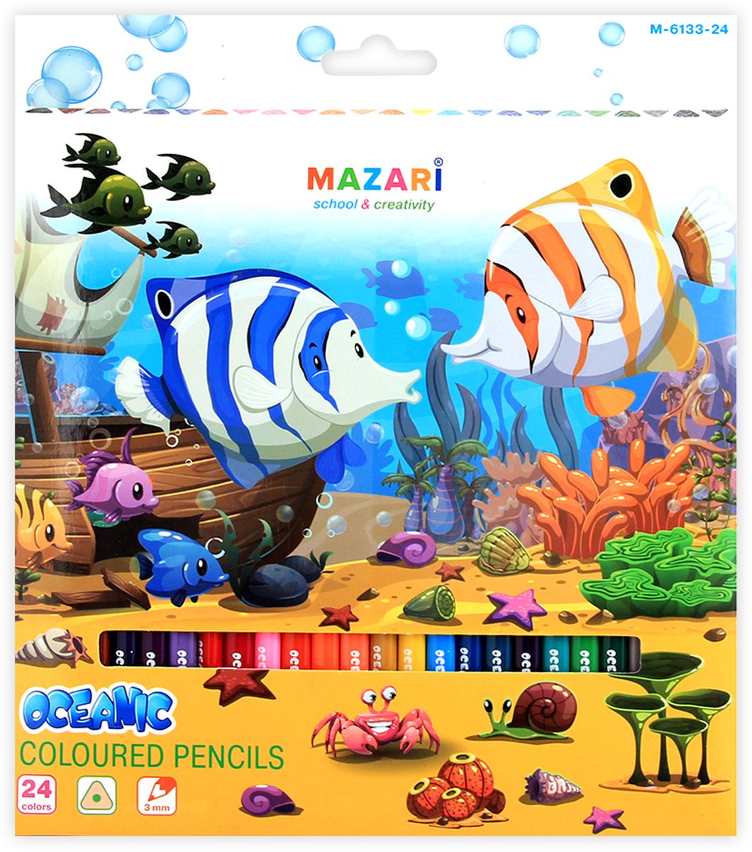 Mazari Набор цветных карандашей Oceanic 24 цветаМ-6133-24 Mazari Набор цветных карандашей Oceanic 24 цветаМ-6133-24Карандаши цветные OCEANIC, 24цв., трехгранный корпус, d грифеля=3 мм,картонная коробка с европодвесом