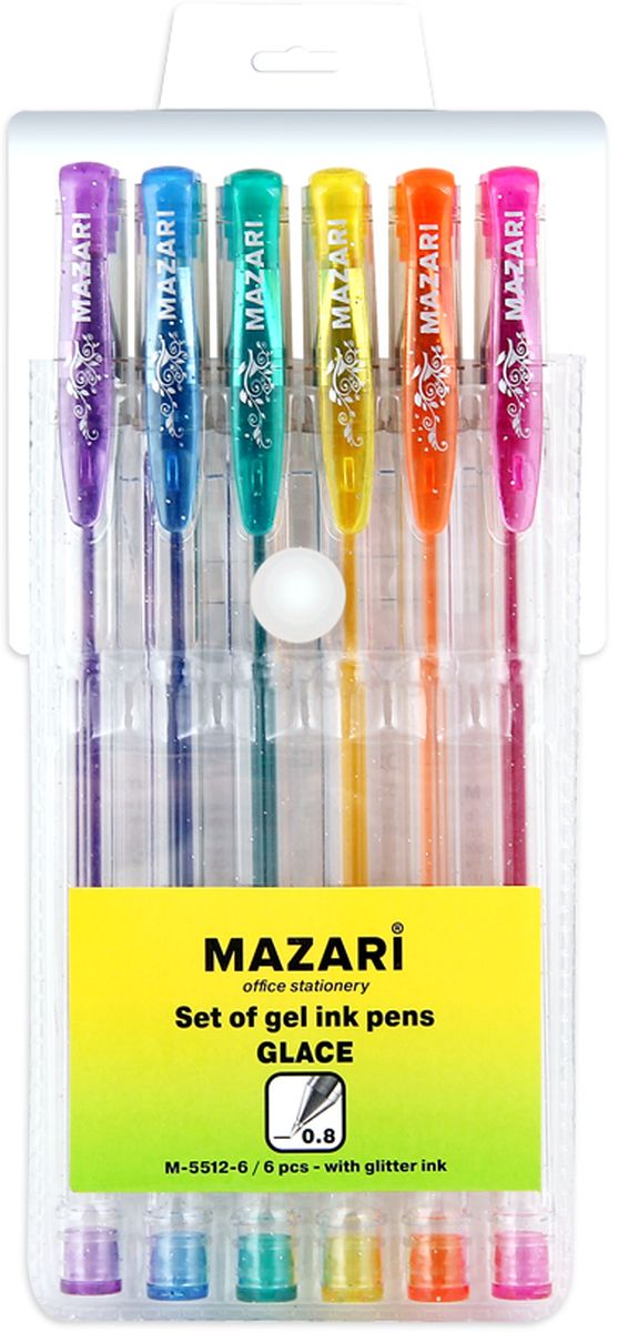 Mazari Набор гелевых ручек с блестками Glace 6 цветовМ-5512-6 Mazari Набор гелевых ручек с блестками Glace 6 цветовМ-5512-6Набор гелевых ручек с блестками Mazari Glace - отличный выбор для любителей мягкого и удобного письма. Гелевая консистенция чернил равномерно распределяется по бумаге и быстро сохнет. Прозрачный корпус позволяет контролировать расход чернил. Пулевидный пишущий узел 0.8 мм. В наборе 6 разноцветных ручек.