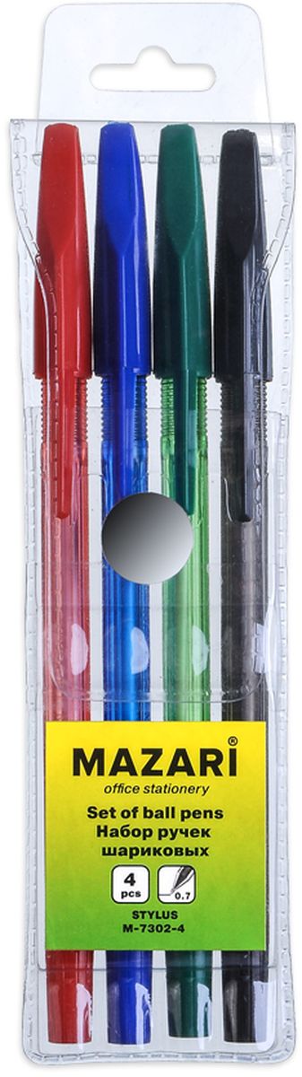 Mazari Набор шариковых ручек Stylus 4 цветаМ-7302-4 Mazari Набор шариковых ручек Stylus 4 цветаМ-7302-4Набор ручек шариковых Stylus, 4цв., пулевидный пиш.узел 0.7мм, корпус пластиковый цветной, в ПВХ-упаковке