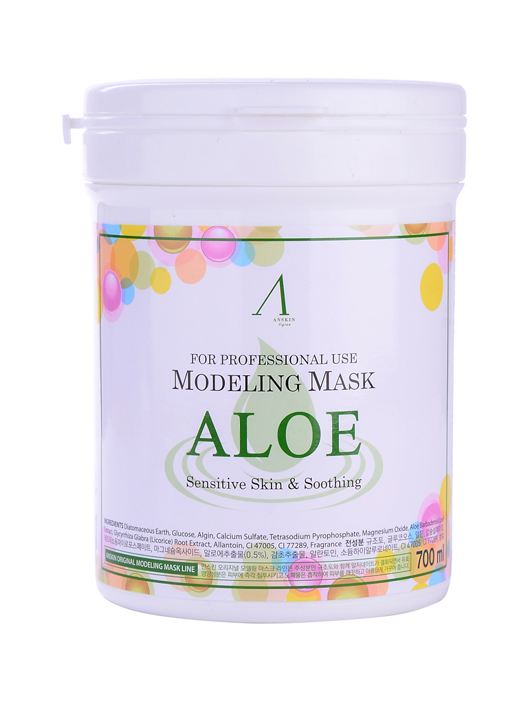 Anskin Маска альгинатная с экстрактом алоэ (банка) Aloe Modeling Mask container, 700 млАН15 Anskin Маска альгинатная с экстрактом алоэ (банка) Aloe Modeling Mask container, 700 млАН15Интенсивно успокаивающая маска содержит комплекс аминокислот, сапонин, минеральных веществ, растительные экстракты и аллантоин, благодаря им положительно воздействует на эпителий кожи, значительно улучшает его, действуя успокаивающе и активно питая кожу. Обладает бактерицидными и бактериостатическими свойствами. Маска содержит диатомит, глюкозу, альгинат натрия, сульфат кальция, бетаин , оксид цинка , экстракт алоэ вера (1%) гидролизованный пшеничный глютен , экстракт солодки, аллантоин, бетаин, гиалуроновую кислоту , экстракт оливы