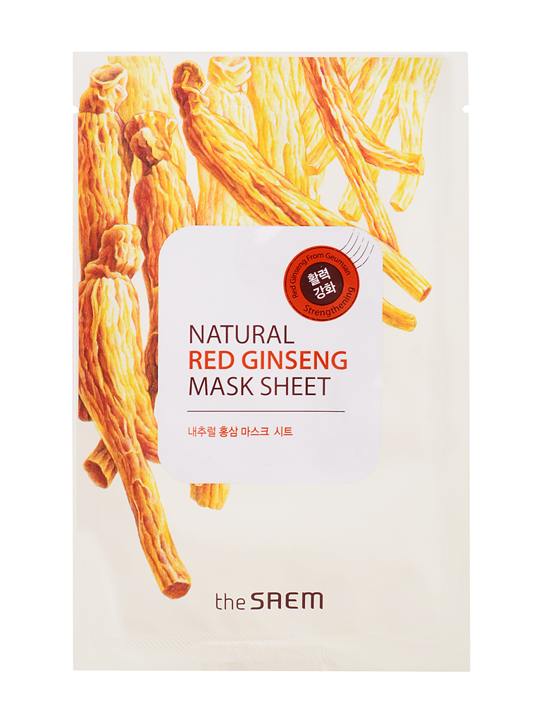 The Saem Маска тканевая с экстрактом женьшеня Natural Red Ginseng Mask Sheet, 21 млСМ2109 The Saem Маска тканевая с экстрактом женьшеня Natural Red Ginseng Mask Sheet, 21 млСМ2109Тканевая маска для лица не раздражает кожу и сохраняет влагу на протяжении длительного времени. Красный женьшень активизирует обмен веществ в клетках кожи, увлажняет и питает. Способствует регенерации кожи и улучшает микроциркуляцию. Придает мягкость и упругость, разглаживает морщины. Обладает антибактериальным действием, регулирует работу сальных желез, выравнивает рН баланс кожи.
