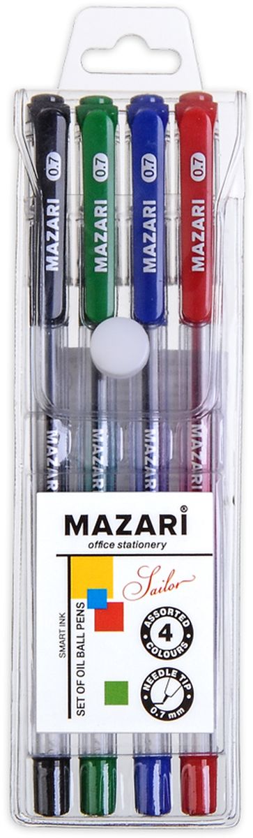 Mazari Набор шариковых ручек Sailor 4 цветаМ-5700-4 Mazari Набор шариковых ручек Sailor 4 цветаМ-5700-4Набор ручек шариковых Sailor, 4 цв., серия Smart Ink, чернила на масляной основе (Индия), игольчатый пиш.узел 0.7мм (Индия), корпус пластиковый прозрачный, с резиновым грипом, в ПВХ-упаковке