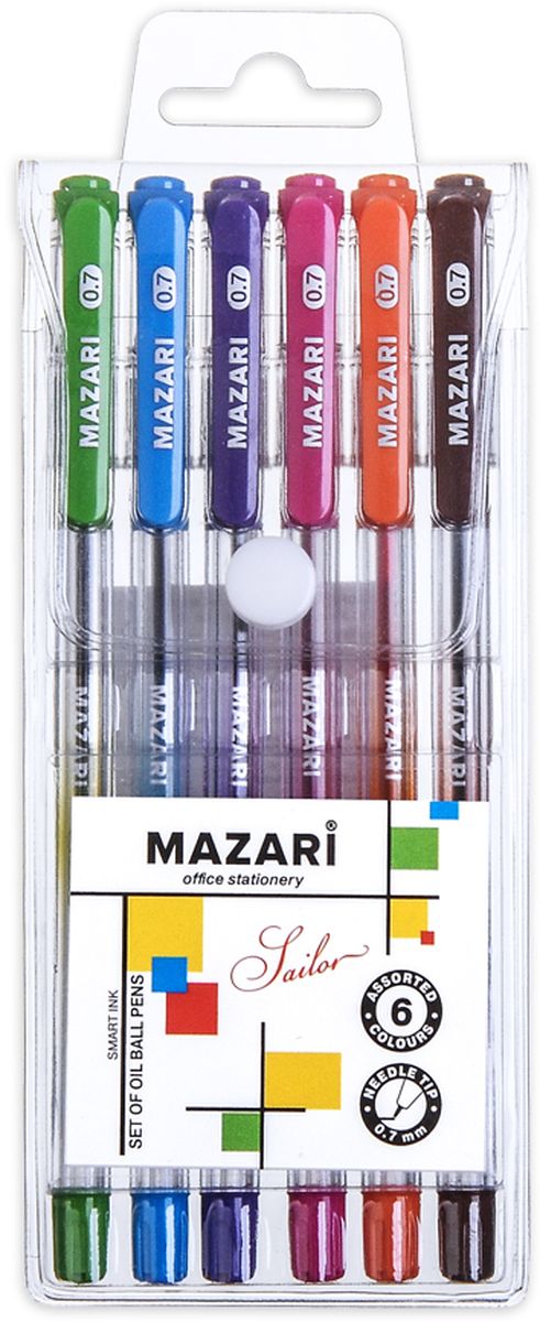 Mazari Набор шариковых ручек Sailor 6 цветовМ-5700-6 Mazari Набор шариковых ручек Sailor 6 цветовМ-5700-6Набор шариковых ручек Mazari Sailor состоит из шести разноцветных ручек (синий, зеленый, оранжевый, фиолетовый, розовый, черный). Ручки пишут яркими насыщенными цветами. Чернила изготовлены на масляной основе (Индия). Ручки имеют игольчатый пишущий узел 0,7 мм. Корпус ручек изготовлен из качественного прозрачного пластика с резиновым грипом, что позволяет контролировать расход чернил. Ручки отлично подойдут и для письма, и просто для подчеркивания.