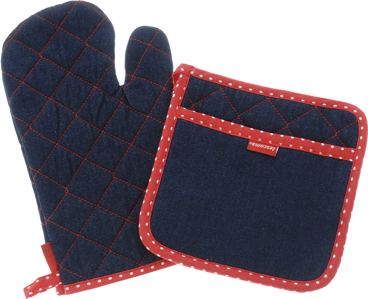Набор прихваток Tescoma Presto Denim, 2 предмета639796 Набор прихваток Tescoma Presto Denim, 2 предмета639796Набор Tescoma Presto Denim состоит из прихватки- рукавицы и квадратной прихватки. Изделия выполнены из натурального хлопка. Прихватки простеганы, а края окантованы. Tescoma Presto Denim - оригинальный, стильный и практичный комплект. Сочетание джинсовой ткани с красно-белой отделкой, безусловно, покорит сердце любой современной хозяйки! Изделия снабжены петлей и магнитом для удобного подвешивания, просты в обслуживании, можно стирать в стиральной машине. Такой набор красиво дополнит интерьер кухни. Размер прихватки-рукавицы: 18 х 30 см. Размер прихватки: 20 х 20 см.