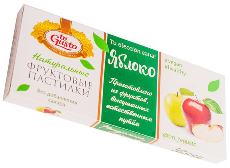 te Gusto Фруктовые пастилки из яблок, 40 г4657155301450 te Gusto Фруктовые пастилки из яблок, 40 г4657155301450Фруктовые пастилки te Gusto без ГМО, глютена, сои, сахара, фруктозы, красителей, усилителей вкуса, загустителей. В составе только один ингредиент – плод, выращенный в экологически чистом районе. Особый способ измельчения плодов позволяет сохранить витамины в первозданном виде. Данный продукт создан для людей, ведущих здоровый образ жизни и уделяющих большое внимание своему питанию. Для спортсменов это полезный и питательный перекус, для вегетарианцев – сладость, не содержащая продуктов животного происхождения, для детей – натуральное лакомство, которое единожды попробовав, они предпочитают шоколадкам, и для всех, вне зависимости от возраста и систем питания – здоровый продукт без красителей, консервантов и подсластителей. Довольно редкого витамина G в яблоках больше, чем в любом другом фрукте. Он называется витамином аппетита и обеспечивает нормальное пищеварение и рост. Яблоко поддерживает зрение и защищает от простуды.