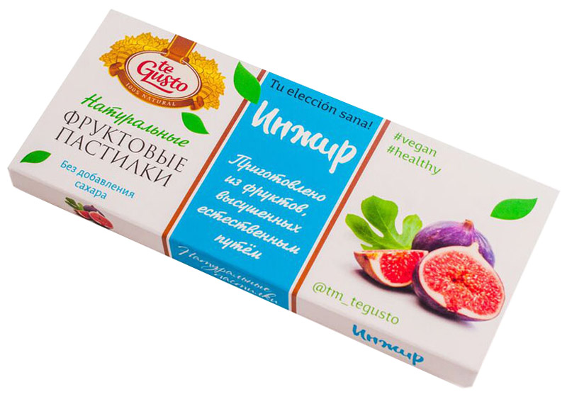 te Gusto Фруктовые пастилки из инжира, 40 г4657155301429 te Gusto Фруктовые пастилки из инжира, 40 г4657155301429Фруктовые пастилки te Gusto без ГМО, глютена, сои, сахара, фруктозы, красителей, усилителей вкуса, загустителей. В составе только один ингредиент – плод, выращенный в экологически чистом районе. Пастилки изготовлены методом солнечной сушки, без консервантов. Особый способ измельчения плодов позволяет сохранить витамины в первозданном виде. Данный продукт создан для людей, ведущих здоровый образ жизни и уделяющих большое внимание своему питанию. Для спортсменов это полезный и питательный перекус, для вегетарианцев – сладость, не содержащая продуктов животного происхождения, для детей – натуральное лакомство, которое единожды попробовав, они предпочитают шоколадкам, и для всех, вне зависимости от возраста и систем питания – здоровый продукт без красителей, консервантов и подсластителей. Поднимает настроение, восстанавливает силы, обеспечивает развитие мышечной системы.