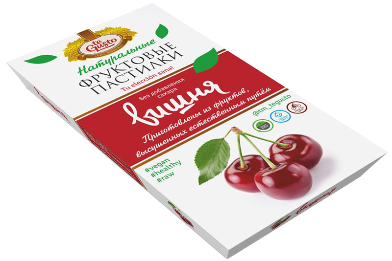 te Gusto Фруктовые пастилки из вишни, 90 г4657155301672 te Gusto Фруктовые пастилки из вишни, 90 г4657155301672Фруктовые пастилки te Gusto без ГМО, глютена, сои, сахара, фруктозы, красителей, усилителей вкуса, загустителей. В составе только один ингредиент – плод, выращенный в экологически чистом районе. Пастилки изготовлены методом солнечной сушки, без консервантов. Особый способ измельчения плодов позволяет сохранить витамины в первозданном виде. Данный продукт создан для людей, ведущих здоровый образ жизни и уделяющих большое внимание своему питанию. Для спортсменов это полезный и питательный перекус, для вегетарианцев – сладость, не содержащая продуктов животного происхождения, для детей – натуральное лакомство, которое единожды попробовав, они предпочитают шоколадкам, и для всех, вне зависимости от возраста и систем питания – здоровый продукт без красителей, консервантов и подсластителей. Укрепляет иммунную систему, способствует поддержанию хорошего физического состояния, нормализует здоровые режимы сна.