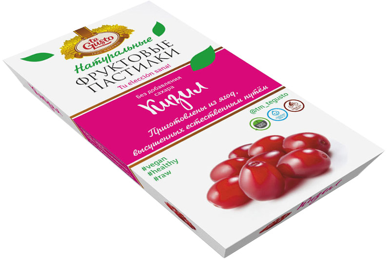 te Gusto Фруктовые пастилки из кизила, 90 г4657155301696 te Gusto Фруктовые пастилки из кизила, 90 г4657155301696Фруктовые пастилки te Gusto без ГМО, глютена, сои, сахара, фруктозы, красителей, усилителей вкуса, загустителей. В составе только один ингредиент – плод, выращенный в экологически чистом районе. Пастилки изготовлены методом солнечной сушки, без консервантов. Особый способ измельчения плодов позволяет сохранить витамины в первозданном виде. Данный продукт создан для людей, ведущих здоровый образ жизни и уделяющих большое внимание своему питанию. Для спортсменов это полезный и питательный перекус, для вегетарианцев – сладость, не содержащая продуктов животного происхождения, для детей – натуральное лакомство, которое единожды попробовав, они предпочитают шоколадкам, и для всех, вне зависимости от возраста и систем питания – здоровый продукт без красителей, консервантов и подсластителей. Кизил - это невероятно целебные ягоды. По содержанию аскорбиновой кислоты кизилу уступает даже чёрная смородина. Тонизирует и придаёт силы, снимает головную боль, улучшает аппетит,...