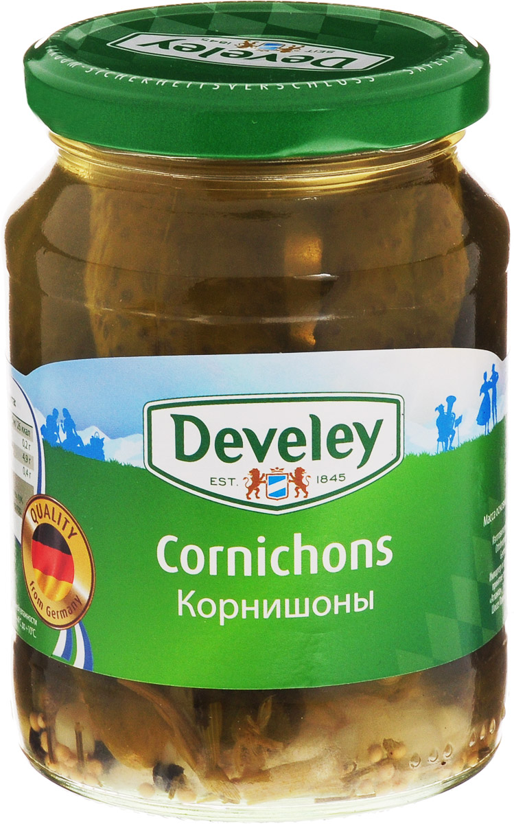 Develey корнишоны, 330 г7241 Develey корнишоны, 330 г7241Традиционная рецептура пряного маринада - кисло-сладкого, сдобренного зернами горчицы, кусочками болгарского перца, укропа и лука - добавляет корнишонам Develey особую легкую пикантность, что особенно хорошо, если использовать огурцы как самостоятельную закуску.