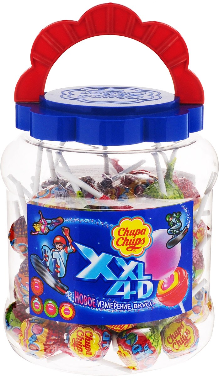 Chupa Chups карамель XXL 4D ассорти, 60 штук по 29 г8251546 Chupa Chups карамель XXL 4D ассорти, 60 штук по 29 г8251546Chupa Chups XXL 4D - самая большая карамель на палочке с жевательной резинкой. В банке 60 Чупа Чупсов с разными вкусами. Это новое измерение вкуса - инновационная карамель с четырёхмерным вкусом: 2 слоя карамели + гранулы, которые дарят абсолютно новое ощущение вкуса и яркие эмоции + жевательная резинка. Вкусы: лимон и земляника + мятные гранулы; тутти-фрутти и манго + мандариновые гранулы; кола и дыня + вишнёвые гранулы; клубника и банан + черничные гранулы.