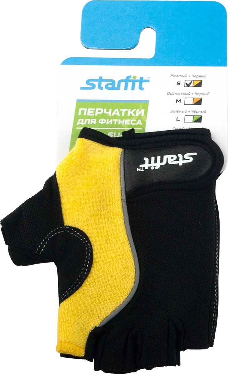 Перчатки для фитнеса Star Fit SU-108, цвет: желтый, черный. Размер SУТ-00008327 Перчатки для фитнеса Star Fit SU-108, цвет: желтый, черный. Размер SУТ-00008327Перчатки для фитнеса SU-108 - это перчатки для фитнеса STARFIT необходимы для безопасной тренировки со снарядами (грифы, гантели), во время подтягиваний и отжиманий. Они минимизируют риск мозолей и ссадин на ладонях. Характеристики: Материал: нейлон, кожа, полиэстер, эластан, поролон Размер: S Цвет: черный, желтый Производство: КНР Особенности: Стильный дизайн Эластичные