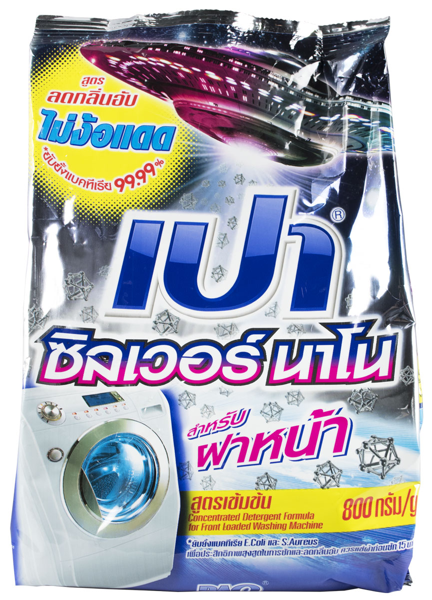 Порошок стиральный LionThailand Pao Silver Nano, концентрат, с наносеребром, 800 г024038 Порошок стиральный LionThailand Pao Silver Nano, концентрат, с наносеребром, 800 г024038Концентрированный стиральный порошок Pao для белого и цветного белья, а также для всех типов ткани изготовлен по технологии Silver Nano с добавлением молекул наносеребра.. Одна мерная ложка Pao Silver Nano способна заменить 4 ложки обычного порошка, за счет чего одной упаковки хватает на долгое время.. Порошок эффективно уничтожает до 99,99% бактерий и полностью устраняет неприятные запахи, даже те, которые возникают при сушке белья в помещении. .После стирки вещи становятся идеально чистыми, трудновыводимые пятна исчезают. . Способ применения: использовать прилагаемую мерную ложку (35г). .Добавить ? мерной ложки из расчета на 5 кг белья, 1 мерную ложку из расчета на 7 кг белья. . Меры предосторожности: использовать строго по назначению.. После использования порошка помыть руки.. В случае появления аллергических реакций обратиться к специалисту. . Способ хранения: держать в недоступном для детей сухом месте. Состав: анионный ПАВ, цеолит, карбонат натрия, натриевая...