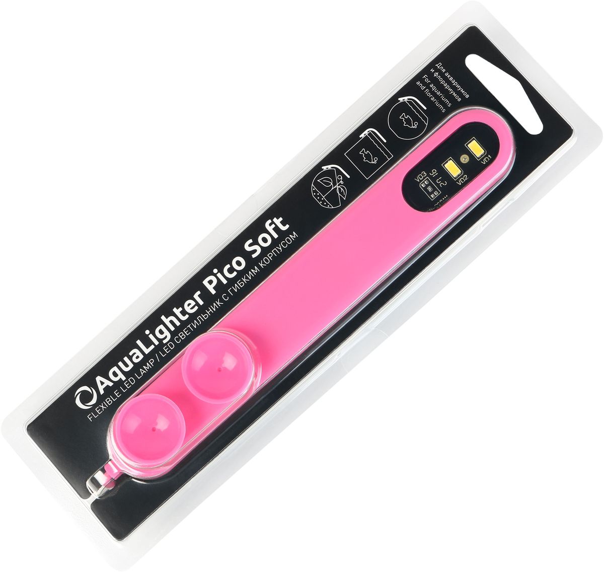 Светильник для аквариума AquaLighter Pico Soft LED, цвет: розовый, 10 л87657 Светильник для аквариума AquaLighter Pico Soft LED, цвет: розовый, 10 л87657Светодиодный светильник с гибким корпусом AquaLighter Pico Soft служит для освещения пресноводных аквариумов объемом до 10 литров (а также круглых аквариумов до 30 литров). В качестве источника освещения в светильнике используются сверхъяркие светодиоды OSRAM (Германия). AquaLighter Pico Soft - лучшее решение для содержания нетребовательных растений, креветок и рыб, типа данио-рерио, петушков и др., а также для освещения флорариумов.