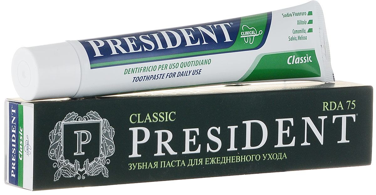 Зубная паста President Classic, 75 мл4310-80113 Зубная паста President Classic, 75 мл4310-80113Зубная паста President Classic содержит ксилитол, натрия фторид, масло мяты, экстракты шалфея, ромашки, мелиссы. Способствует минерализации эмали, предотвращает кровоточивость и воспаление, защищает от кариеса и зубного камня, надолго освежает дыхание. Характеристики: Объем: 75 мл. Размер упаковки: 19 см х 4 см х 3 см. Производитель: Италия. Артикул: 4310-500777. Товар сертифицирован.