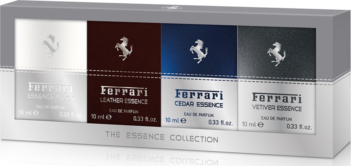 Ferrari Набор миниатюр Essence Collection 10 мл х 4 шт.67000618 Ferrari Набор миниатюр Essence Collection 10 мл х 4 шт.67000618Набор миниатюр по 10 мл коллекции ароматов Ferrari Essence. В наборе собраны несколько самых топовых ароматов Ferrari, создан для тех, кто любит разнообразие каждый день. Также для тех, кто еще не определился, какой именно аромат Ferrari подходит ему. Набор включает: Ferrari Essence Musk EDP 10ml; Ferrari Leather Essence EDP 10ml; Ferrari Cedar Essence EDP 10ml; Ferrari Vetiver Essence EDP 10ml.