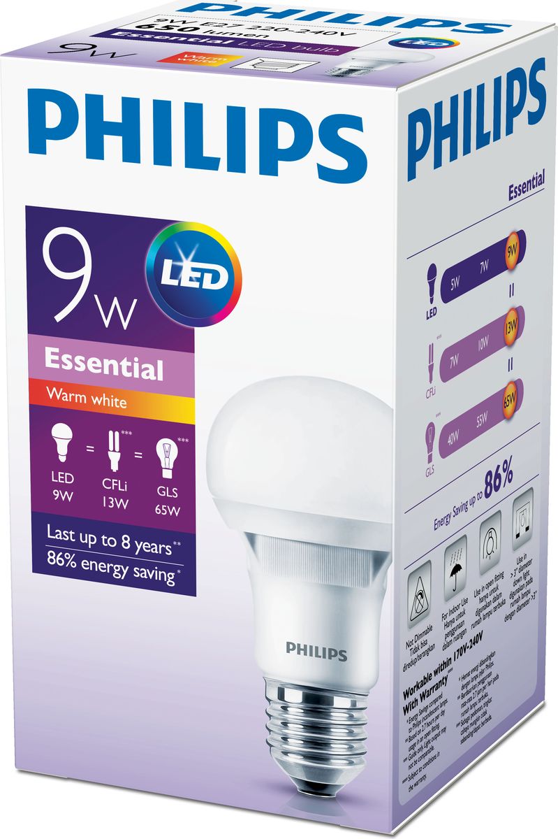 Лампа светодиоидная Philips Ess LED bulb, матовая, цоколь E27, 9W, 6500K871869666129100 Лампа светодиоидная Philips Ess LED bulb, матовая, цоколь E27, 9W, 6500K871869666129100Современные светодиодные лампы LED bulb экономичны, имеют долгий срок службы и мгновенно загораются, заполняя комнату светом. Лампа классической формы и высокой яркости позволяет создать уютную и приятную обстановку в любой комнате вашего дома. Светодиодные лампы потребляют на 86% меньше электроэнергии, чем обычные лампы накаливания, излучая при этом привычный и приятный свет. Срок службы светодиодной лампы LED bulb составляет не менее 25 000 часов, благодаря чему менять лампы приходится значительно реже, что сокращает количество отходов. Лампа имеет минимальный уровень пульсации, полностью безопасна и комфортна для глаз. Напряжение: 220-240 В.