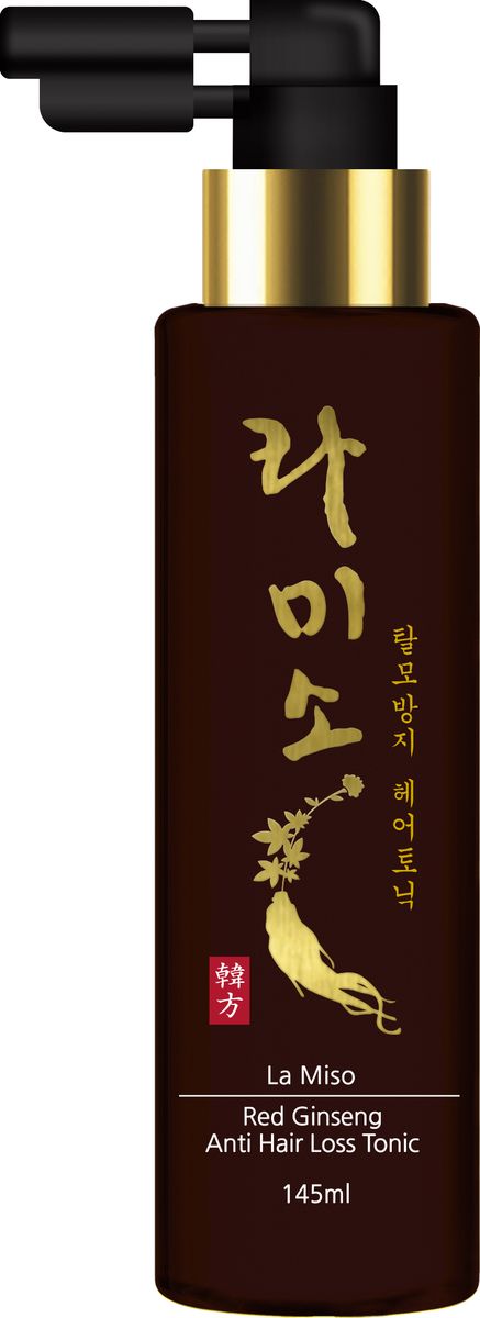 La Miso, Тоник против выпадения волос с экстрактом красного женьшеня, Red Ginseng Anti Hair Loss Tonic, 145 мл8809508720166 La Miso, Тоник против выпадения волос с экстрактом красного женьшеня, Red Ginseng Anti Hair Loss Tonic, 145 мл8809508720166Корень красного корейского женьшеня известен во всем мире благодаря сильному восстанавливающему и укрепляющему эффекту, который он оказывает на организм человека. Тоник укрепляет корни волос и препятствует их выпадению.